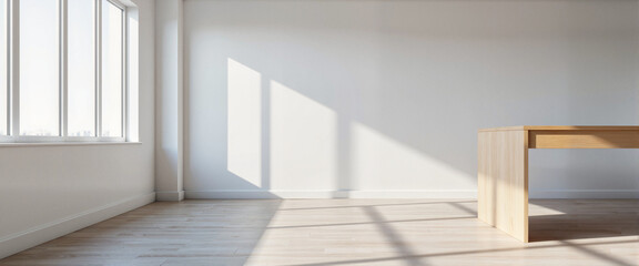 Minimalistic office room with natural light and sleek table, modern design