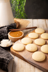 Cookies for making Alfajores. A traditional dessert popular in Latin America, it consists of two cookies sandwiched together with dulce de leche, topped with powdered sugar or shredded coconut.