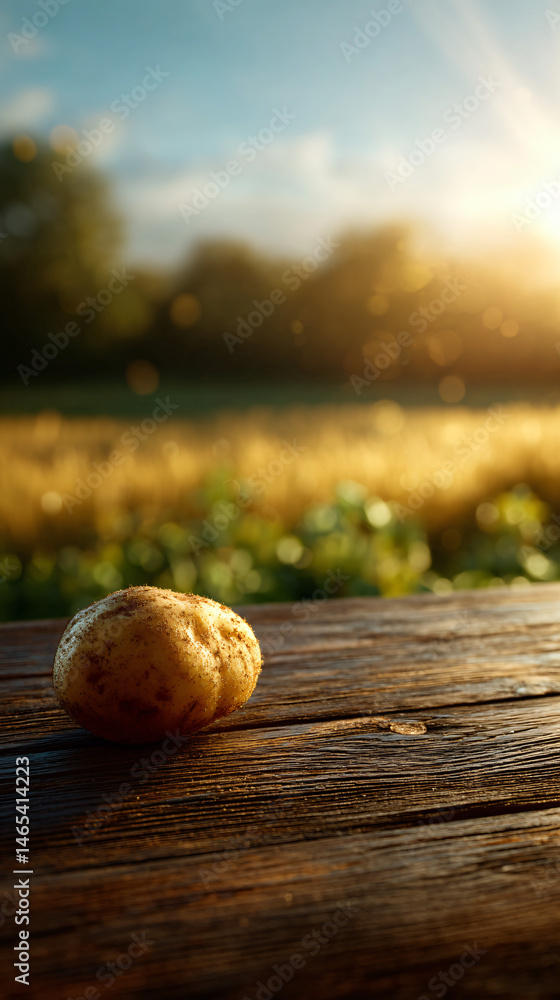 Poster rustic single potato on a wooden table with a blurred summer field in the background.