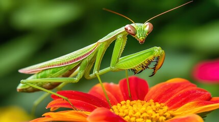 Close-up of a vibrant green mantis on a flower.