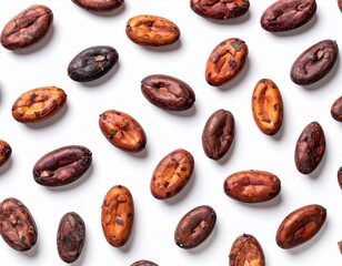 Obraz premium Scattered cocoa beans on a white background, cocoa beans, cocoa bean composition.