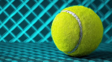 Close-up of a Bright Yellow Tennis Ball on a Textured Blue and Green Background with Geometric Patterns for Sport and Recreation Themes