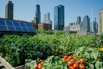 Fototapeta premium Urban rooftop garden with solar panels and city skyline.