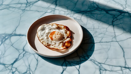 Sunny Side Up Fried Egg on Ceramic Plate with Morning Shadows on Marble Table