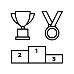 Set of icons cup, medals and pedestal, award for the winner. Attribute of a sports competition or championship. Symbol of victory, result and awarding of participants.