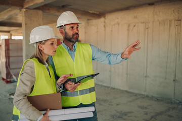 Construction workers discussing blueprint plans on building site