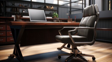 A photo of a modern office desk and chair.