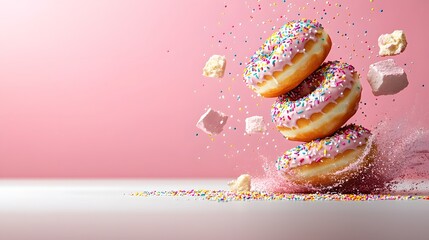 Sprinkle covered donuts stacked in a geometric tower