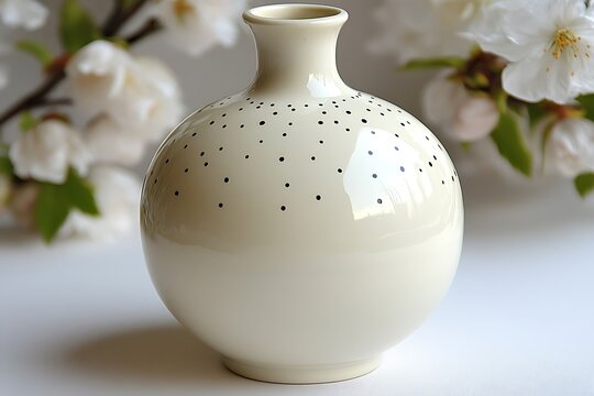 Ornate ceramic vase with subtle black dots.