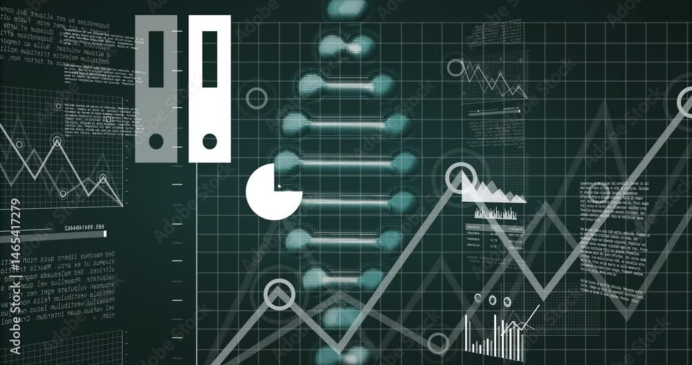 Poster animating vertical node sequence glowing dna helix, floating over green grid with pie chart overlay