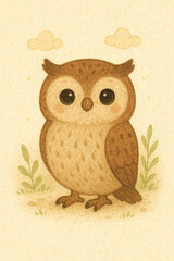 A brown owl stands in the grass with clouds in the background