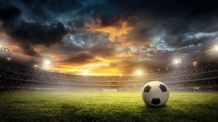 Dramatic Sunset Over a Soccer Field with a Single Ball in the Foreground and Stadium Lights Illuminating the Grass in a Vibrant Atmosphere