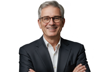 Portrait of a smiling man with glasses wearing a suit against isolated on transparent background