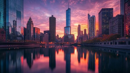 Fototapeta premium Urban skyline reflects vibrant sunset over river in downtown Chicago