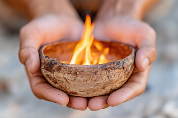 Burning Coconut Shell Bowl Held In Hands, Ritual Fire Ceremony