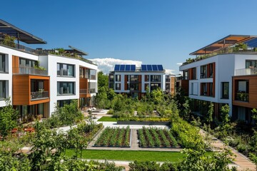 Fototapeta premium Modern residential buildings surround a landscaped courtyard garden.