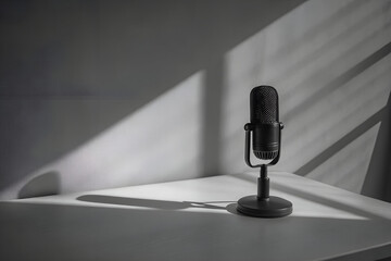 Professional Microphone on Desk in Shadowy Studio Light