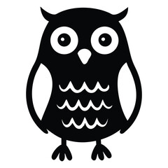 A stylized black owl figure with round eyes is standing alert and looking forward