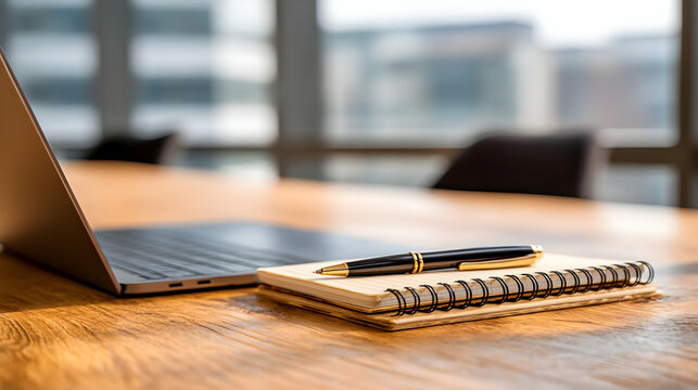 with a laptop, notepad, and pen on a wooden desk, blurred background