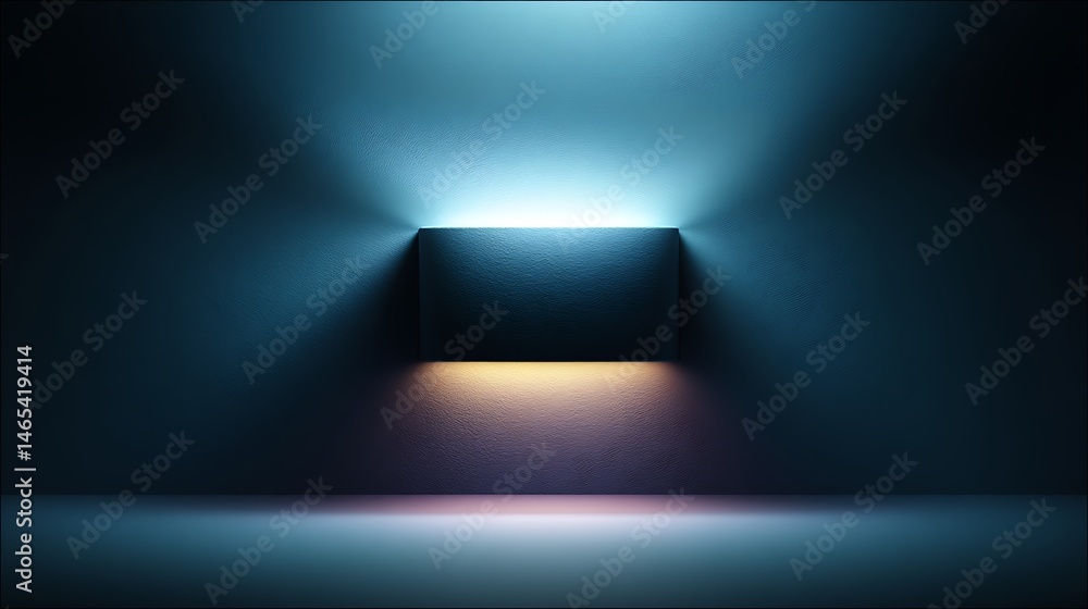 Poster abstract block glowing light on cyan wall texture background minimalist design