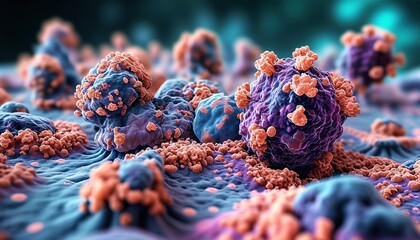 Microscopic view of cancer cells, detailed 3D medical illustration of tumor growth on tissue surface