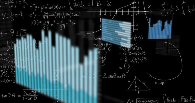 Translucent blue teal bars floating over white hand drawn math equations in layered 3D illustration