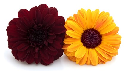 Stunning Closeup of Two Vibrant Flowers Maroon and Yellow Gerbera Daisies
