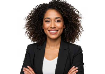 Portrait of a smiling woman with curly hair wearing a blazer against a solid color isolated on transparent background