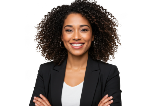 Portrait of a smiling woman with curly hair wearing a blazer against a solid color isolated on transparent background