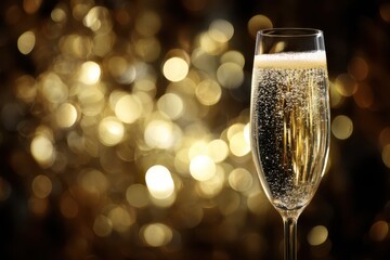 A glass of champagne against a background of lights, with ample copy space for text