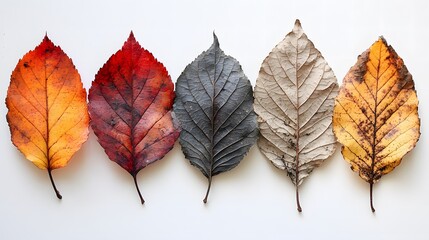 Progression of Decaying Leaves on White Background showing the Lifecycle of Fall