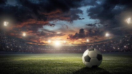 Dramatic Sunset Over an Empty Soccer Field with a Single Ball in the Foreground and Floodlights Illuminating the Stadium