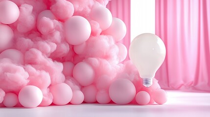Light Bulb Idea Concept Surrounded by Pink Cloud and Spheres