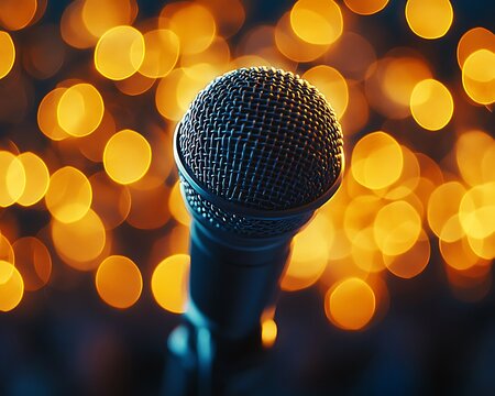 Close-up microphone against a backdrop of warm, golden lights.