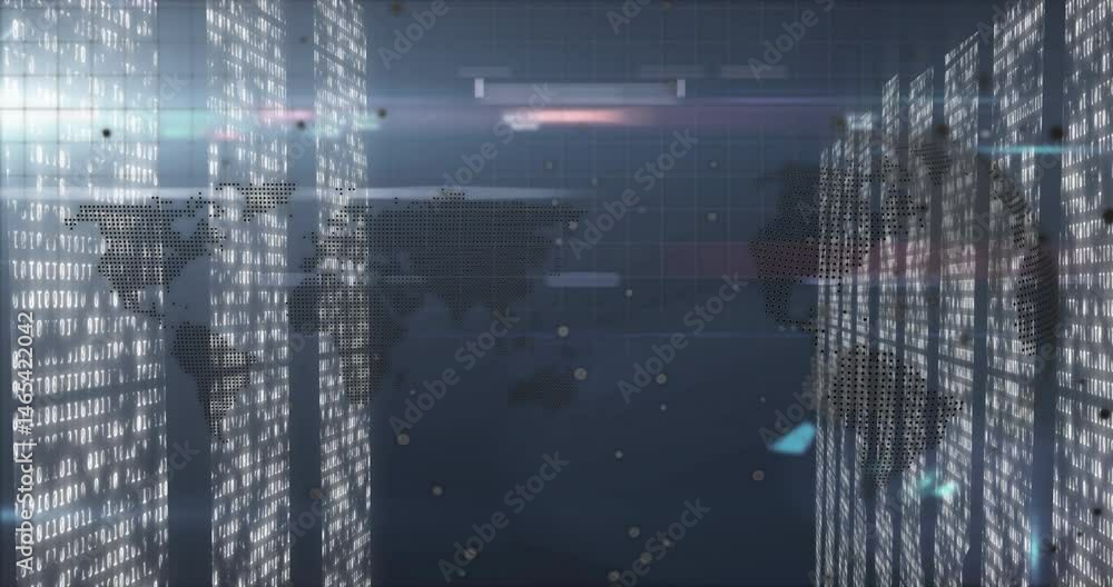 Poster dot-matrix world map rotating among glowing binary columns while light streaks floating over grid