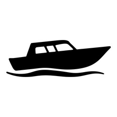 Black silhouette of a cabin cruiser motorboat sailing through water smoothly