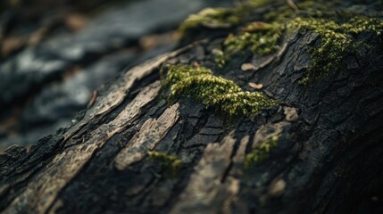 Close-up of charred log covered in moss