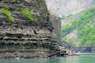 View of the Sulak canyon. A river in the mountainous region of Dagestan.