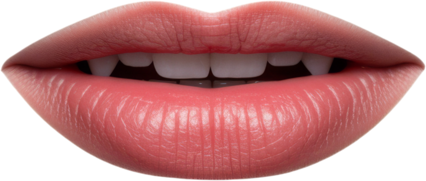 Close-up of a human mouth with pointy teeth and lips, evoking a vampire or horror theme. The image is hyper-realistic and emotionally intense with a dark, dramatic tone