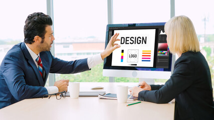 Graphic designer software for modern design of web page and commercial ads showing on the computer screen