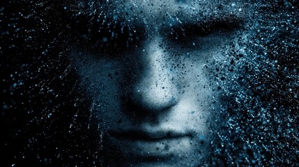 Abstract face visualizing deep thoughts, emotions, and inner struggles through a blend of particles and shadows in a captivating blue hue.
