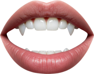 Close-up of a human mouth with pointy teeth and lips, evoking a vampire or horror theme. The image is hyper-realistic and emotionally intense with a dark, dramatic tone