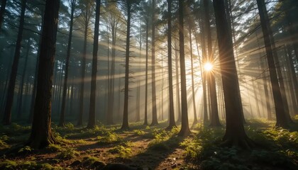 Obraz premium Sunbeams Illuminate Misty Forest Path