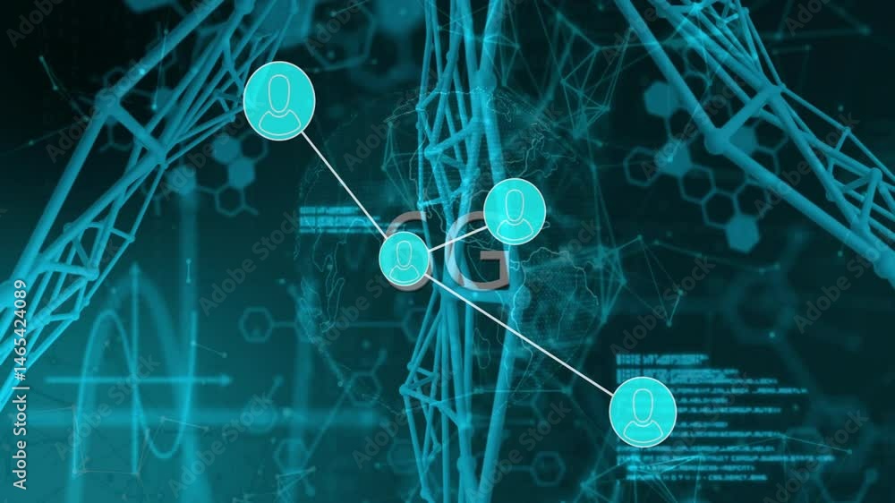 Poster four teal avatars being linked in 3d network illustration, with molecular lattice and globe overlay