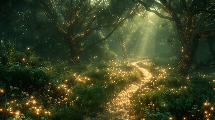 Obraz premium Enchanting forest path illuminated by magical glowing particles in a surreal and atmospheric photo