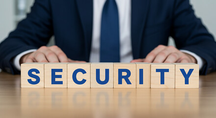 Obraz premium A man in a suit behind wooden blocks spelling security on a wooden table with a blurred background real estate business ,technology ,selling ,purchasing ,agreement