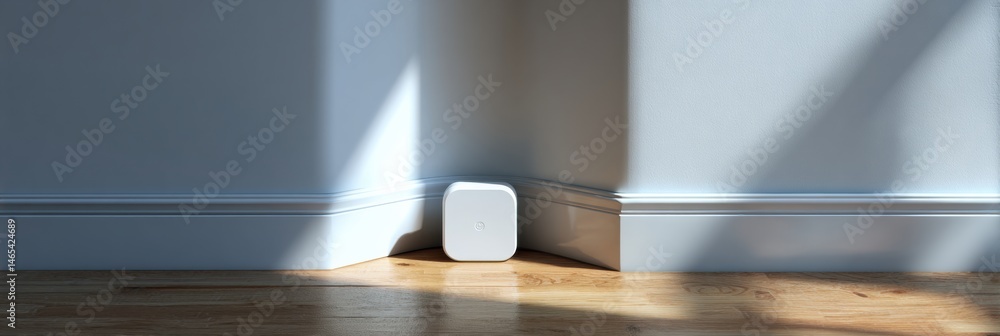 Poster smart home device positioned in a corner against a clean, bright wall during daylight generative ai