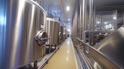 Obraz premium Inside a clean, modern manufacturing plant with stainless steel pipes. -