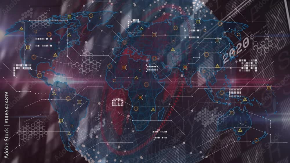 Aufkleber displaying neon blue world map overlay floating over red purple gradient, highlighting hex grids