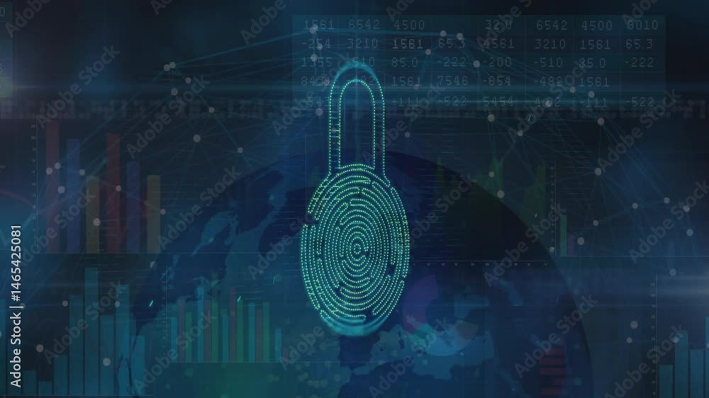Poster digital fingerprint padlock hologram glowing over world map, displaying nodes and data charts
